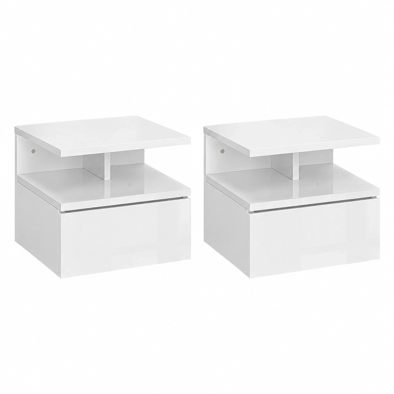 HOMCOM Wandmontierte Nachttische 2er-Set mit Schublade und Regal, Weiß Hochglanz