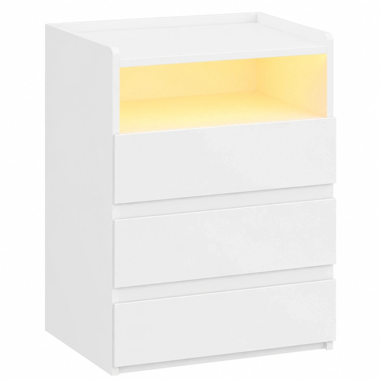 Moderner Nachttisch mit LED, 3 Schubladen und Steckdose, Weiß