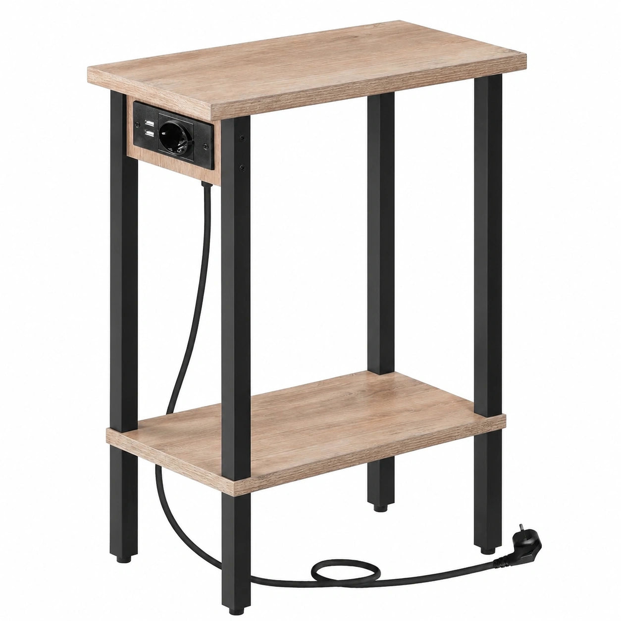 HOOBRO Schmaler Beistelltisch mit Ladestation und Ablage für Wohnzimmer und Schlafzimmer, Industrial Stil in Greige und Schwarz