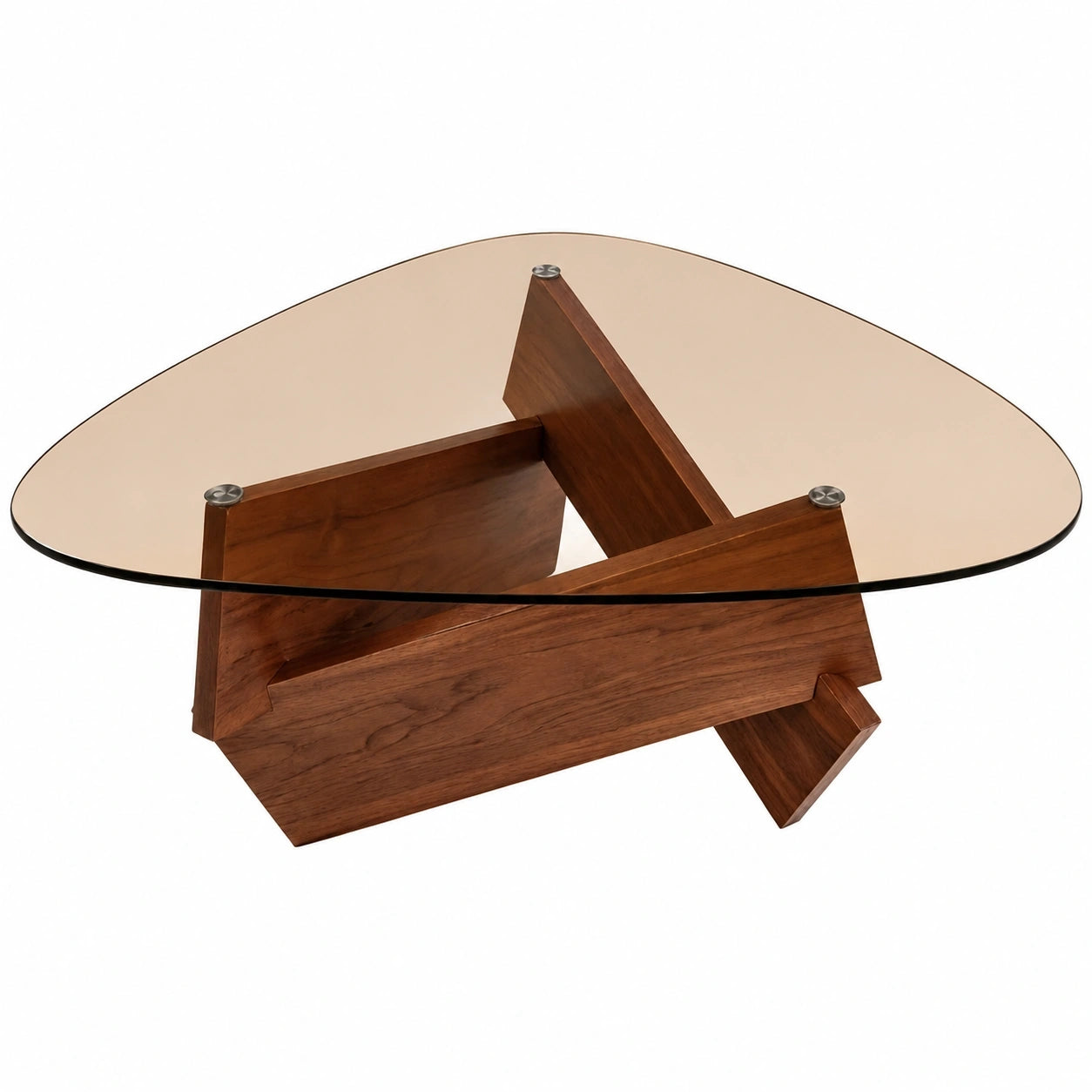 Moderner Couchtisch aus Holz mit Dreiecksglas, 90 cm, für Wohnzimmer, Büro & kleine Räume, Walnuss-Braun
