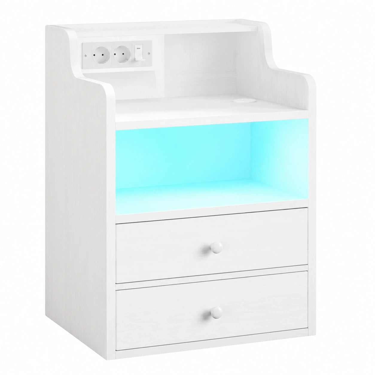 IRONCK LED-Nachttisch mit Ladefunktion, Holz Beistelltisch mit Steckdose, USB & Typ-C Anschlüsse, 2 Schubladen, Weißer Sofatisch für Schlaf- und Wohnzimmer