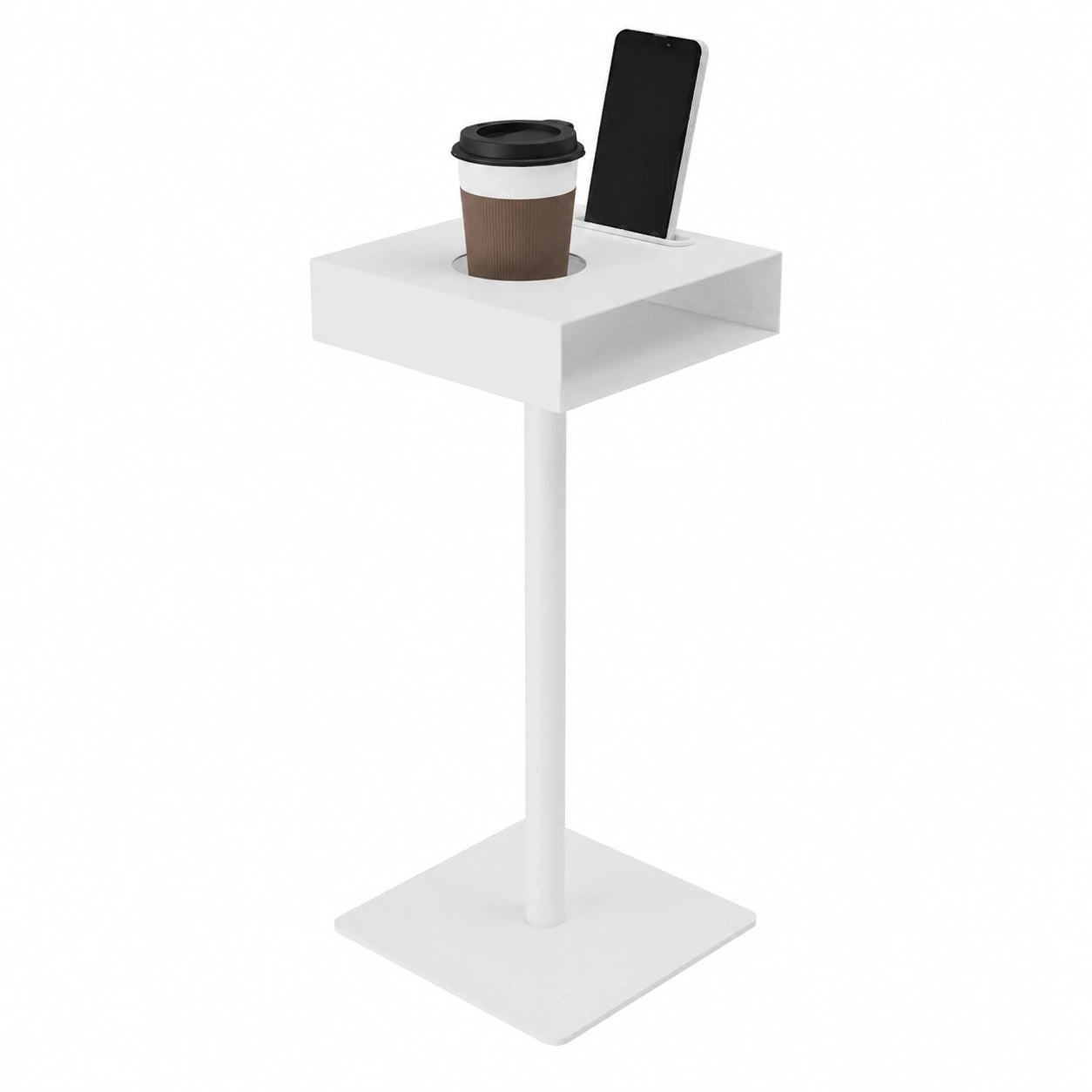 Yawinhe Weißer Metall-Beistelltisch mit Handy- und Becherhalter, 20x20x55cm, für Wohnzimmer, Schlafzimmer und Balkon