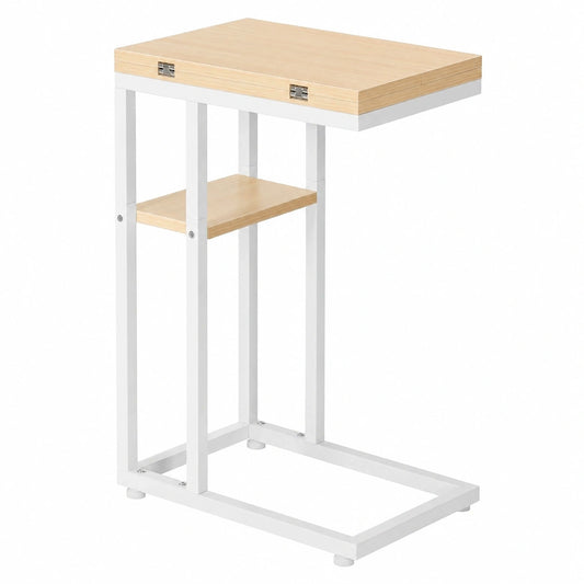 Kompakter C-förmiger Beistelltisch mit Ablage, Klappbarer Sofatisch, Weiß-Holzdesign