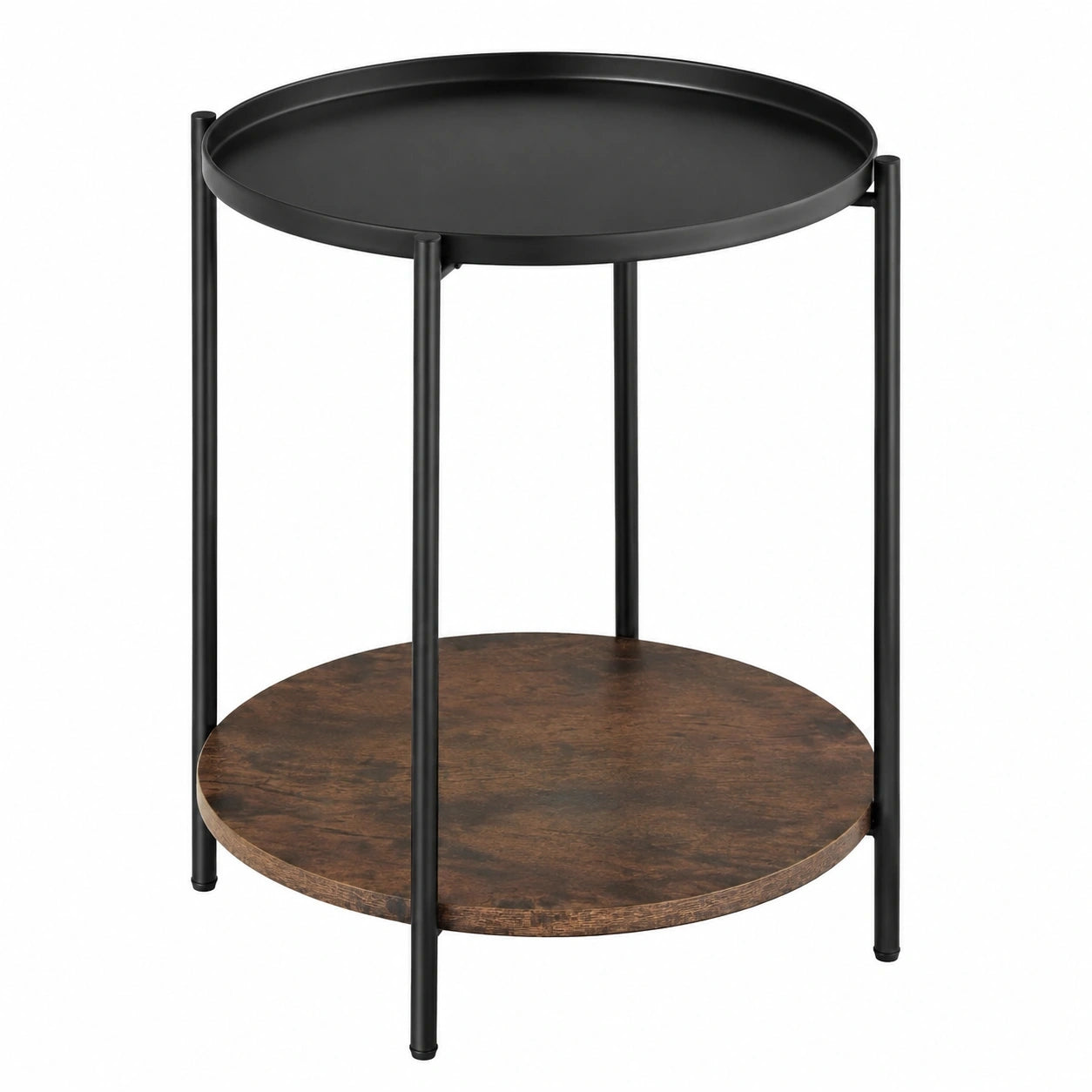 Runder Beistelltisch mit 2 Ebenen und abnehmbarem Tablett - Metall und Holz im Industrial Look
