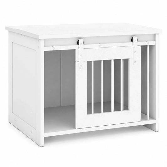 COSTWAY Moderne Hundebox mit Schiebetür, Haustierkäfig aus Metall und Holz, Beistelltisch für kleine und mittelgroße Hunde, 80x60x60 cm, Weiß