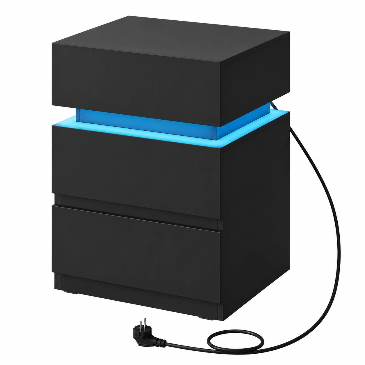 WOLTU LED-Nachttisch mit Steckdosen, Schwarz, 2 Schubladen, 1 Ablagefach, 40x35x55 cm, für Schlafzimmer, Wohnzimmer, Büro, modern