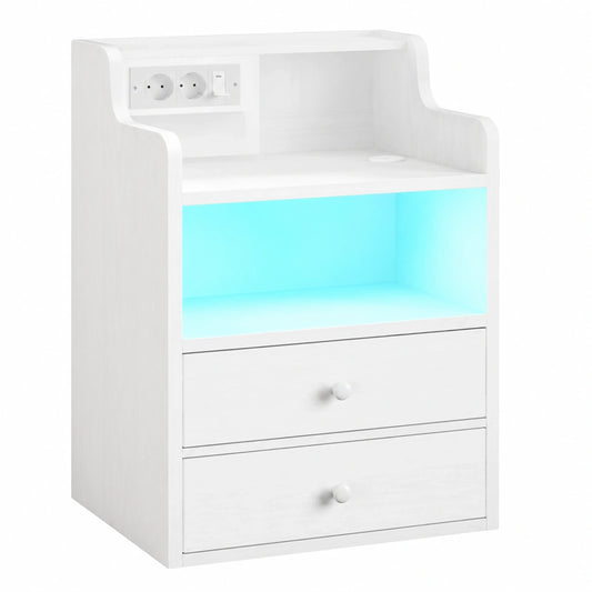 IRONCK LED-Nachttisch mit Ladefunktion, Holz Beistelltisch mit Steckdose, USB & Typ-C Anschlüsse, 2 Schubladen, Weißer Sofatisch für Schlaf- und Wohnzimmer
