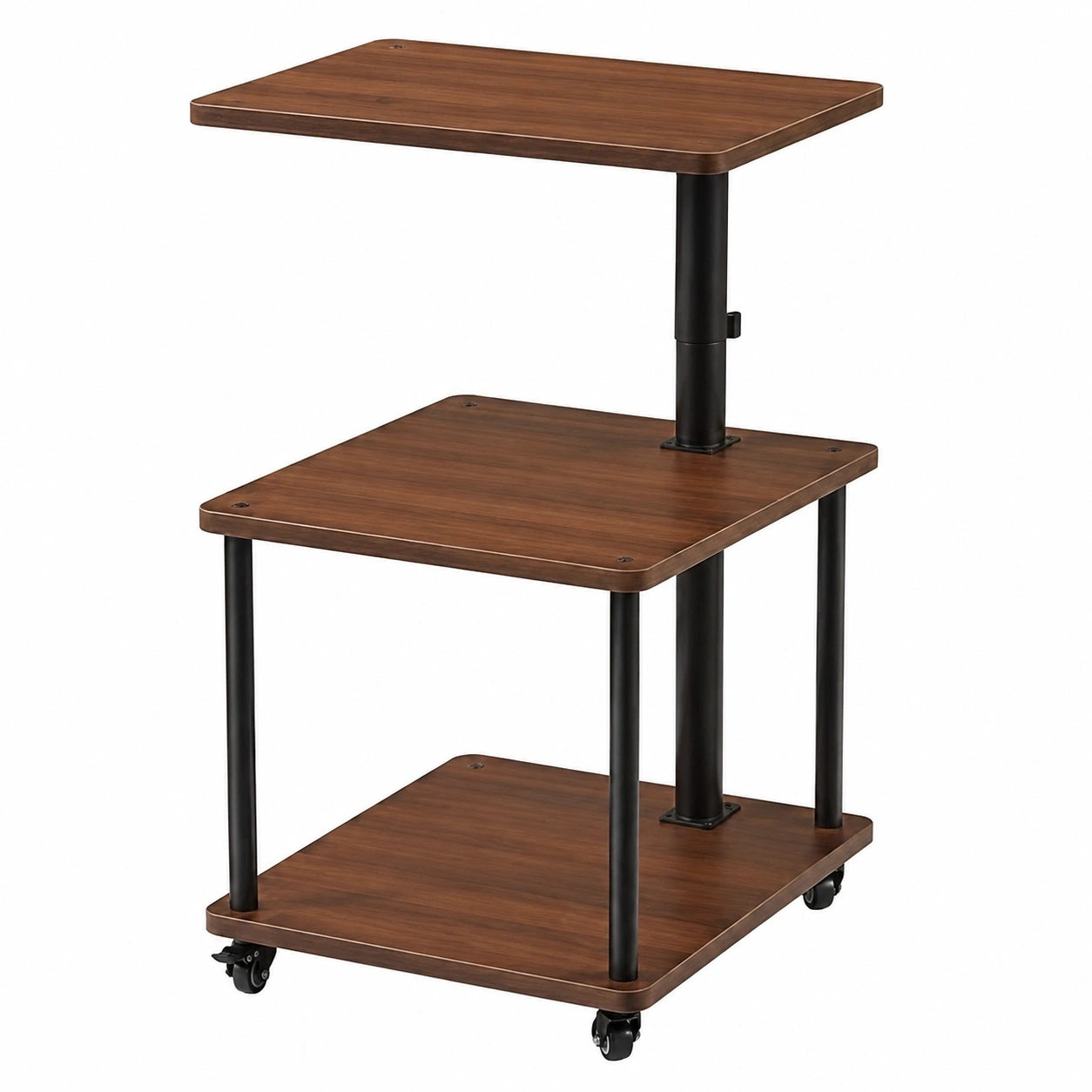 Rollbarer Beistelltisch höhenverstellbar, drehbar 360° mit 3 Ablagen, Walnuss MDF-Optik
