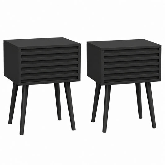 YMYNY 2er Set Nachttische, Mid-Century Design mit Drucktüröffner, stabile Massivholzbeine, 35x27x53 cm, Beistelltisch Schwarz für Wohnzimmer und Schlafzimmer