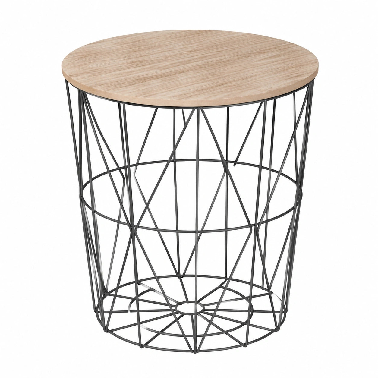 Moderner Beistelltisch mit Korbdesign in Schwarz und Holzoptik, Ø 40 x H 41 cm, mit integriertem Stauraum für Wohn- und Schlafzimmer