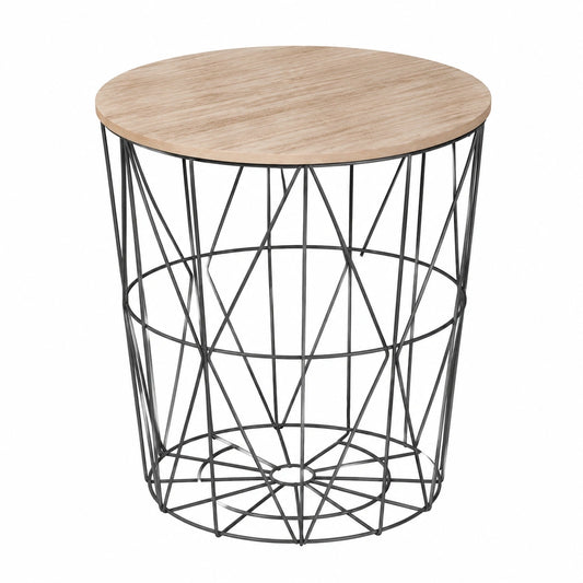 Moderner Beistelltisch mit Korbdesign in Schwarz und Holzoptik, Ø 40 x H 41 cm, mit integriertem Stauraum für Wohn- und Schlafzimmer