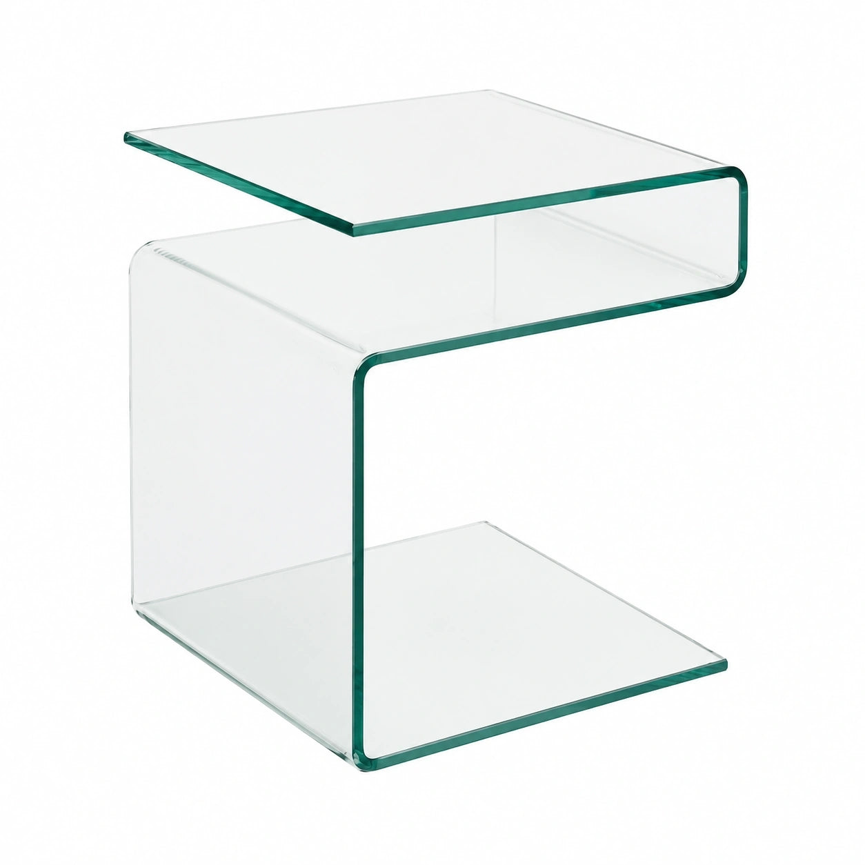 Moderner S-förmiger Glas-Beistelltisch für Wohnzimmer und Schlafzimmer, durchsichtig